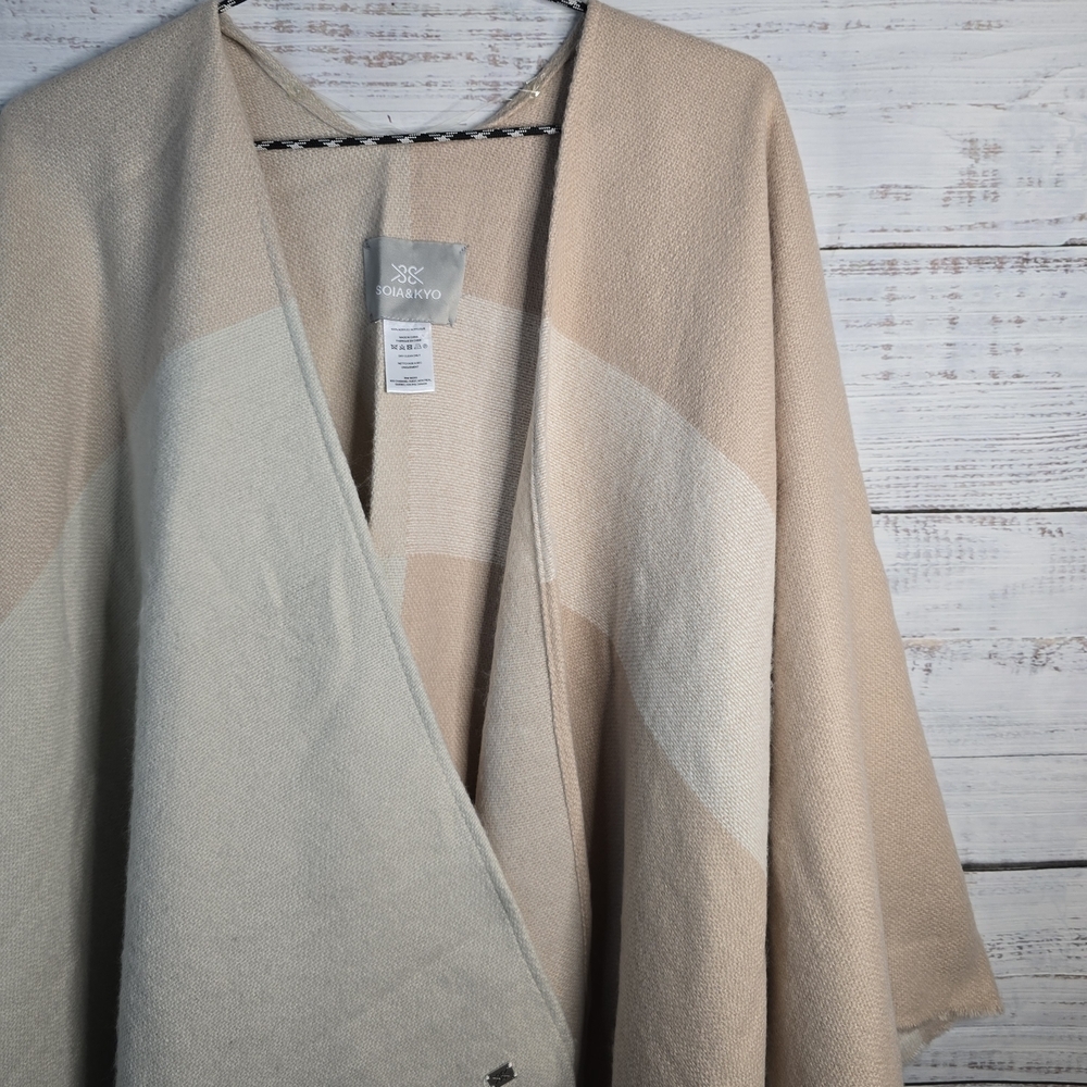SOIA & KYO Scarfigan Cardigan Sweater Womens One Size OS Pink Beige Plaid Fringe - Picture 5 of 10